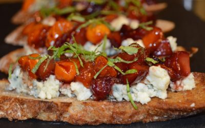 Crostini, Blue Cheese, Plum, and Mint